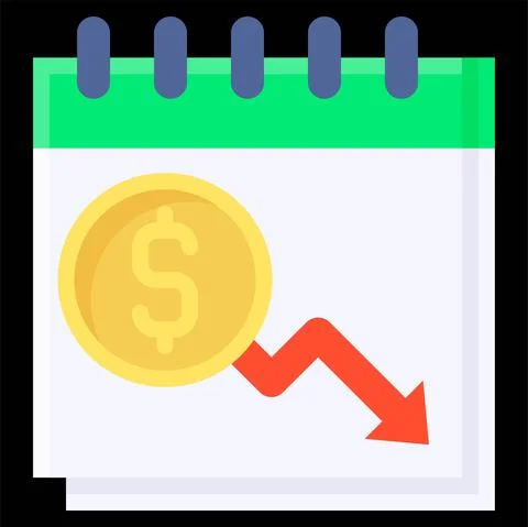 Calendar with coin and decrease arrow icon, Bankruptcy related vector Stock Illustration