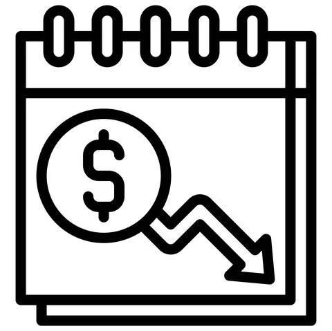 Calendar with coin and decrease arrow icon, Bankruptcy related vector Stock Illustration