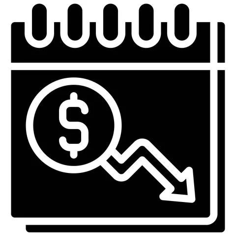 Calendar with coin and decrease arrow icon, Bankruptcy related vector Illustrazione stock