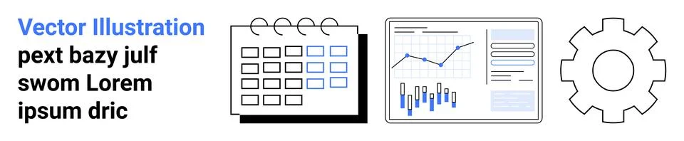 Calendar with colored dates, analytics chart with data bars, gear symbol. Ide 스톡 일러스트