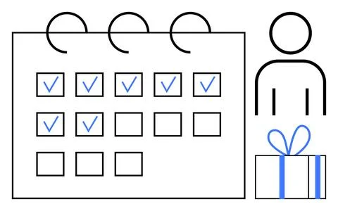 Calendar with Completed Tasks, Gift, and Human Figure Representing Reward f.. Stock Illustration