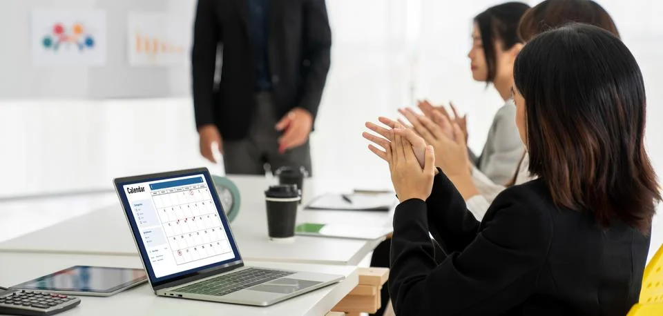 Calendar on computer software application for modish schedule planning Stock Photos