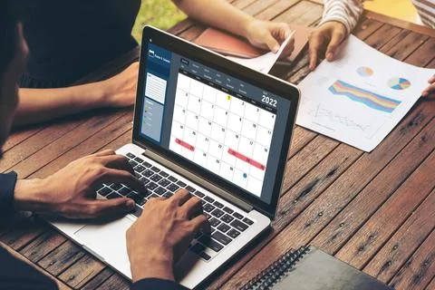 Calendar on computer software application for modish schedule planning Stock Photos
