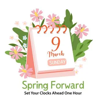 Calendar with date of Spring Forward March 9, 2025. Daylight saving time ba.. Stock Illustration