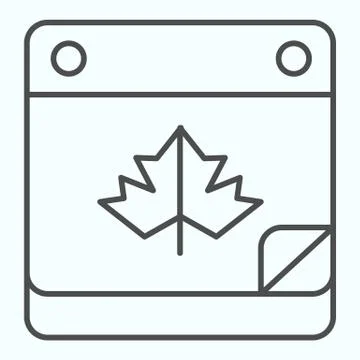 Calendar date thin line icon. Maple leaf on pocketbook page with bent corner Stock Illustration