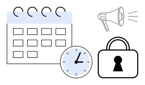 Calendar with dates, clock, megaphone emitting sound, and padlock illustrate  Stock Illustration