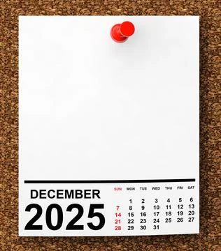 Calendar December 2025 on Blank Note Paper. 3d Rendering Stock Illustration