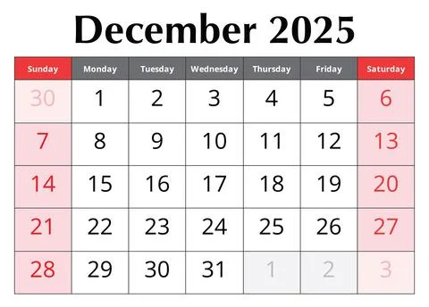 Calendar for December 2025. Design vector illustration. English page of win.. Illustrazione stock
