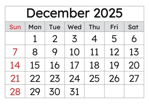 Calendar for december 2025. Simple vector illustration. English page of win.. Stock Illustration