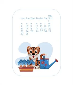 Calendar design template for 2022 year of blue Tiger Chinese new year. may Stock Illustration