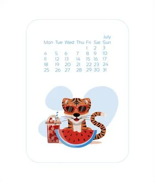 Calendar design template for 2022 year of blue Tiger Chinese new year. July Stock Illustration