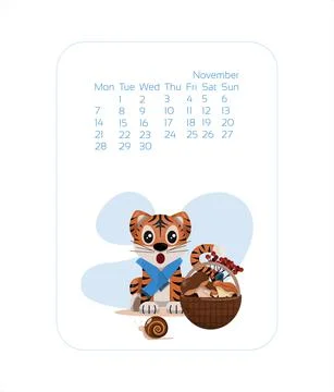 Calendar design template for 2022 year of blue Tiger Chinese new year. November Stock Illustration