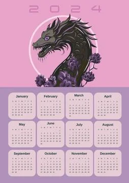 Calendar Dragon 2024. Vector poster calendar oriental Chinese New Year. Year of Stock Illustration
