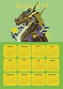 Calendar Dragon 2024. Vector poster calendar oriental Chinese New Year. Year of Stock Illustration