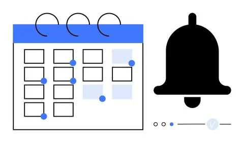 Calendar with events highlighted, large notification bell signifying reminder イラスト素材