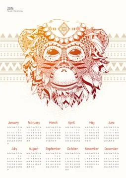Calendar with fiery monkey on a light background Illustrazione stock