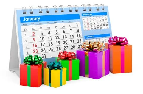 Calendar with gift boxes, 3D rendering Calendar with gift boxes, 3D render... Stock Photos
