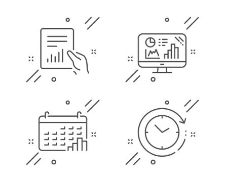 Calendar graph, Document and Analytics graph icons set. Time change sign. Vector Stock Illustration