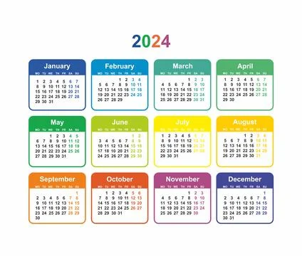 Calendar grid 2024 colorful vector Simple layout of pocket or wall calendar Stock Illustration