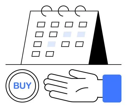 Calendar with grid, pointing hand, and BUY button. Ideal for ecommerce, sched Stock Illustration