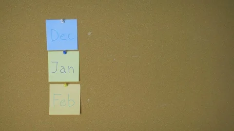 Calendar. Hands pining sticky notes on pin board funny animation Stock Footage 99545493