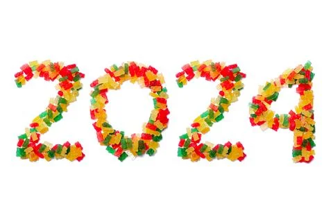 Calendar header number 2024 made from multi-colored jelly beans on a white ba Stock Illustration