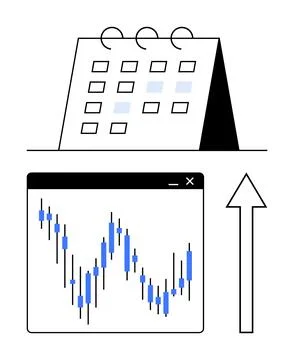 Calendar with highlighted dates, financial chart with candlestick patterns, a Stock Illustration