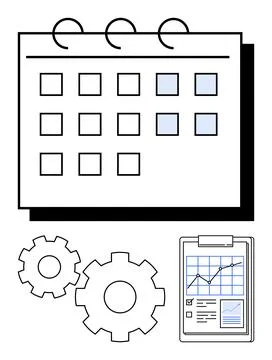 Calendar with highlighted dates, gears symbolizing process efficiency, clipbo Stock Illustration