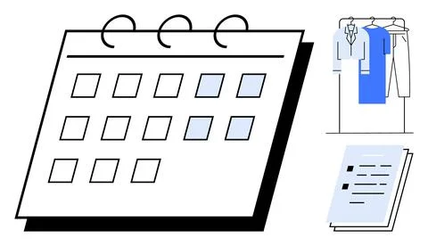 Calendar with highlighted dates, stack of documents, and hanging clothes rack Illustrazione stock