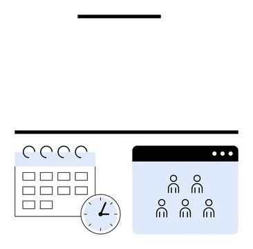 Calendar icon, clock, and team members in online interface. Ideal for time ma Stock Illustration