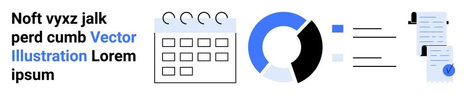 Calendar icon, pie chart, data list, and documents symbolize productivity, pl Illustrazione stock
