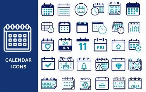 Calendar icon set. Date, schedule, month, week, appointment, and event icons. Stock Illustration