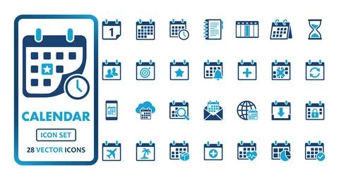 Calendar icon set vector. Symbols for date, schedule, clock, notebook, hour.. Stock Illustration