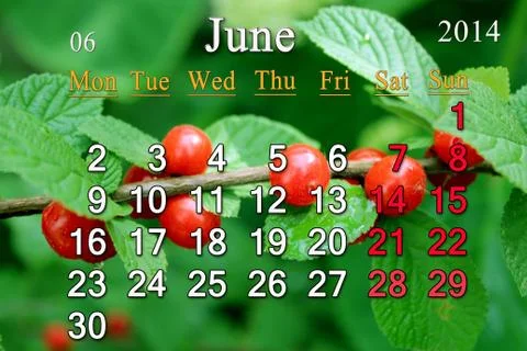 Calendar for the june of 2014 with red cherry Stock Illustration