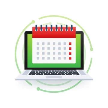 Calendar on laptop computer screen. Event planning. Schedule concept. Vector Stock Illustration