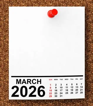 Calendar March 2026 on Blank Note Paper. 3d Rendering Stock Illustration