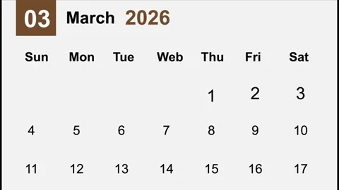 Calendar March 2026 Weekly View Digital Calendar Template Stock Footage 323785945