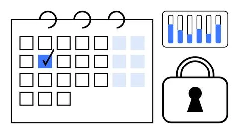 Calendar with a marked date, bar graph showing progress, and padlock indicati Stock Illustration