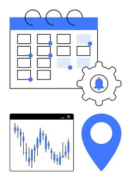 Calendar with marked dates, gear with notification bell, trading graph, and l Stock Illustration