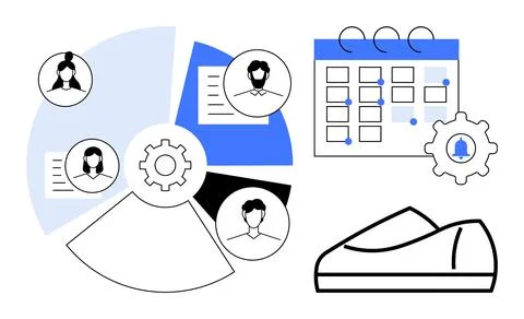 Calendar with marked dates, pie chart with team member avatars, a gear, and a Stock Illustration