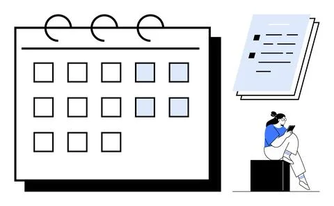 Calendar with marked dates, stack of documents, and person working on a table Stock Illustration