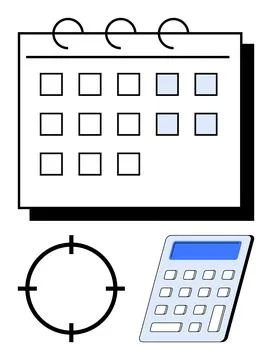 Calendar with marked dates, a target symbol, and a calculator. Ideal for proj Stock Illustration