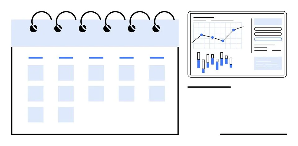 Calendar with marked days next to a data analytics chart with graphs. Ideal f Stock Illustration