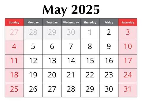 Calendar for May 2025. Design vector illustration. English page of spring mon Stock Illustration