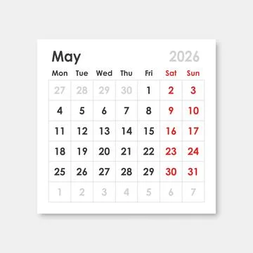 Calendar may 2026 icon in flat style. Planner sticker vector illustration o.. Stock Illustration