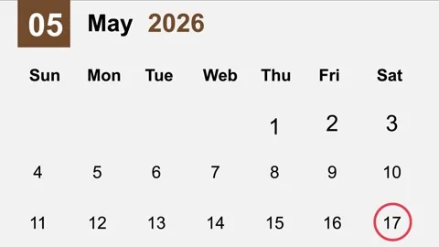 Calendar May 2026 Weekly Planner Digital Date Organizer Desktop Background Stock Footage 323786191