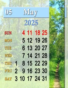 Calendar for May with photo of path in spring park. Sunday start Ilustração Stock
