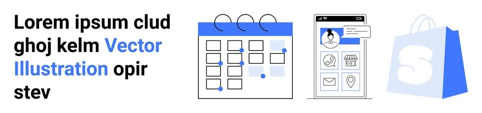 Calendar, Mobile App Interface and Shopping Bag for E-commerce Stock Illustration