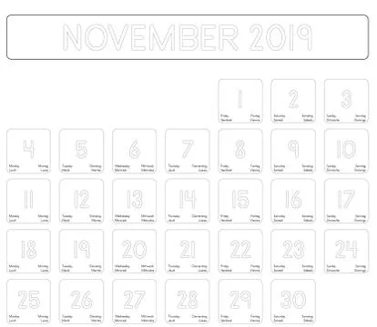 Calendar of the month of November 2019 Stock Illustration