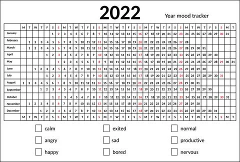 Calendar mood tracker grid 2022 year Stock Illustration